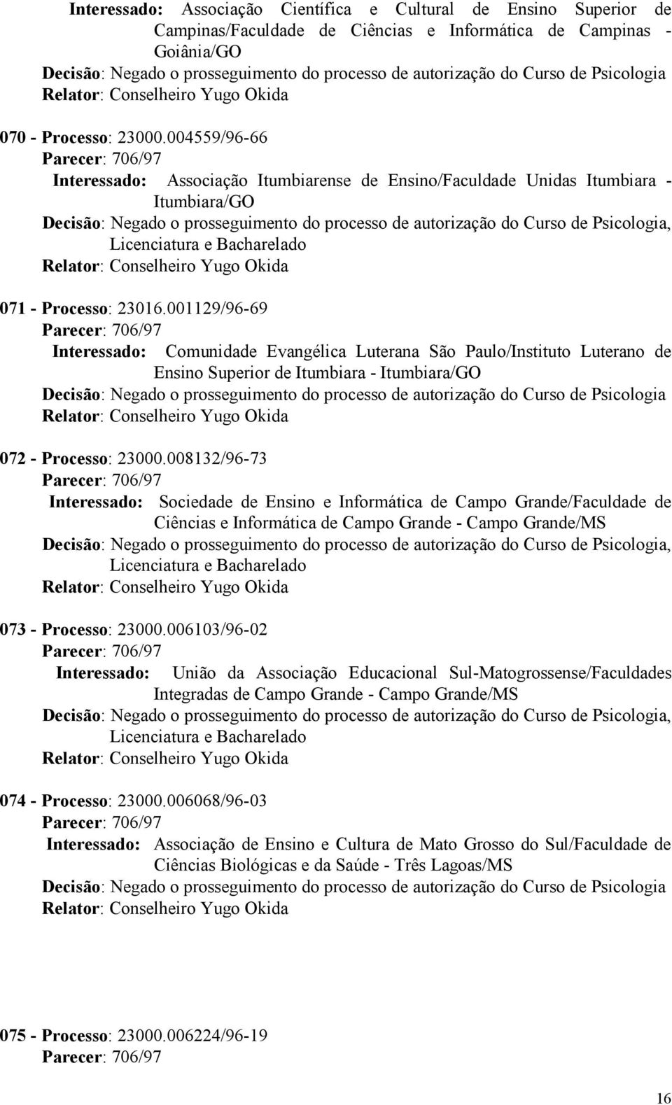 001129/96-69 Interessado: Comunidade Evangélica Luterana São Paulo/Instituto Luterano de Ensino Superior de Itumbiara - Itumbiara/GO 072 - Processo: 23000.