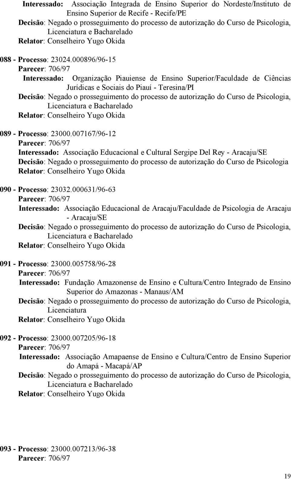007167/96-12 Interessado: Associação Educacional e Cultural Sergipe Del Rey - Aracaju/SE 090 - Processo: 23032.