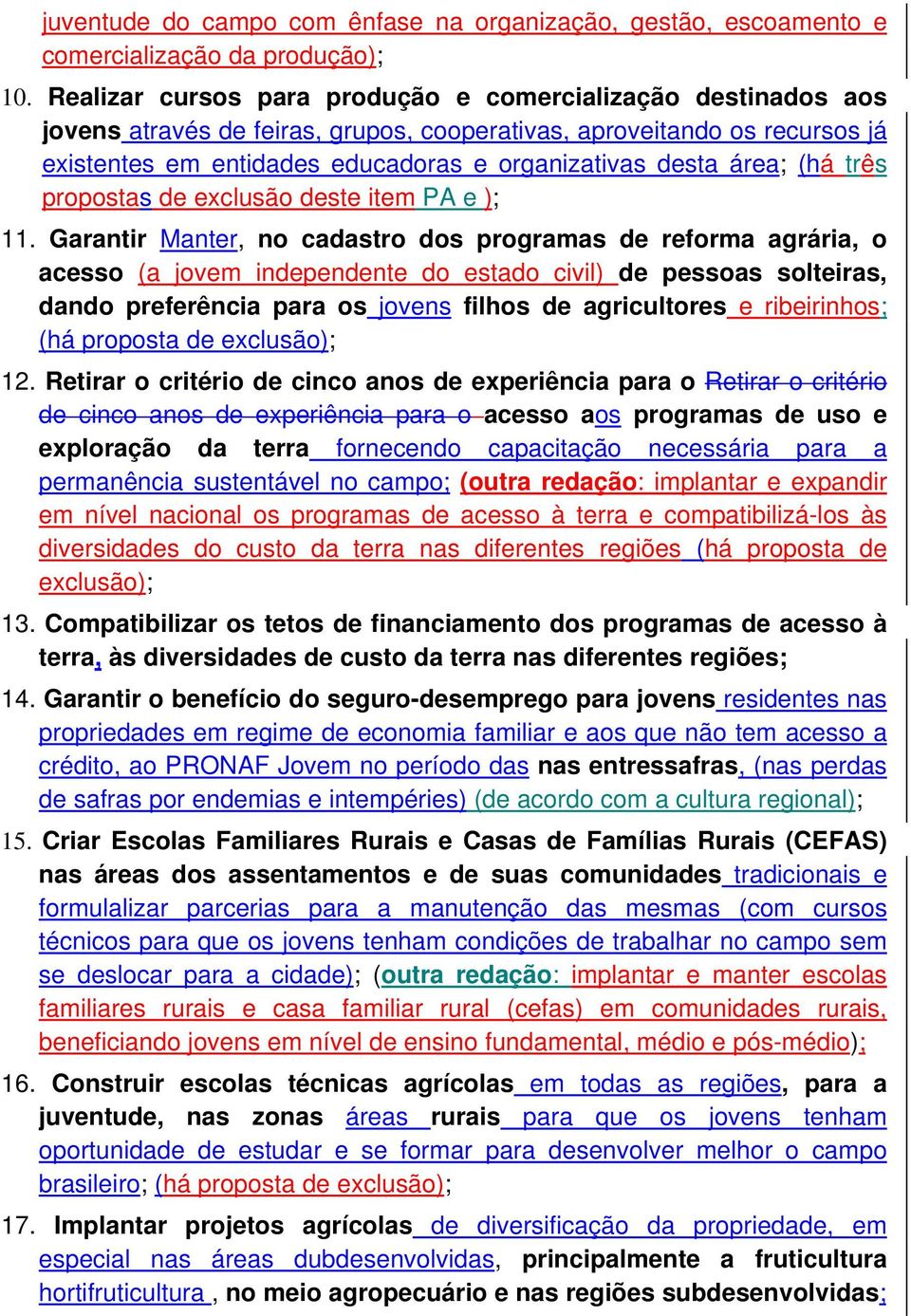 área; (há três propostas de exclusão deste item PA e ); 11.