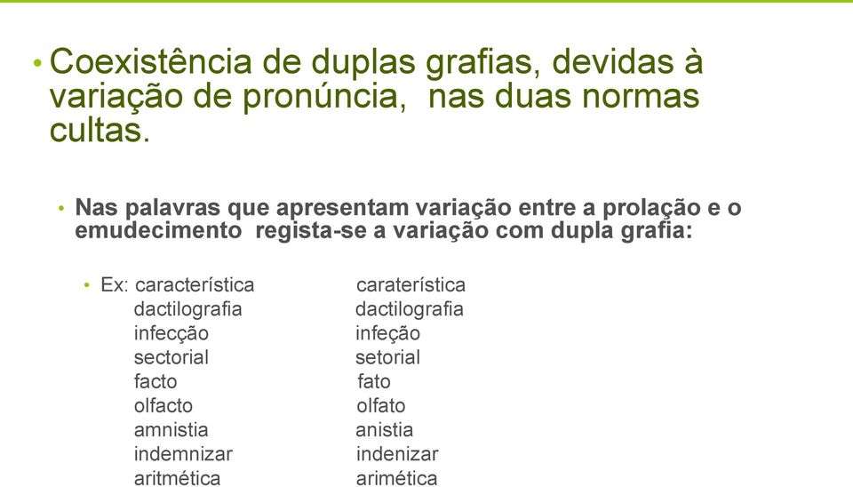 com dupla grafia: Ex: característica dactilografia infecção sectorial facto olfacto amnistia