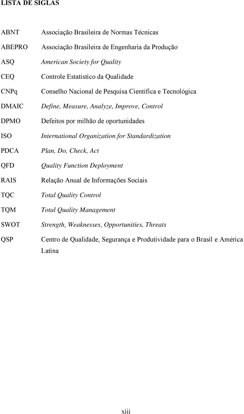 Defeitos por milhão de oportunidades International Organization for Standardization Plan, Do, Check, Act Quality Function Deployment Relação Anual de Informações Sociais