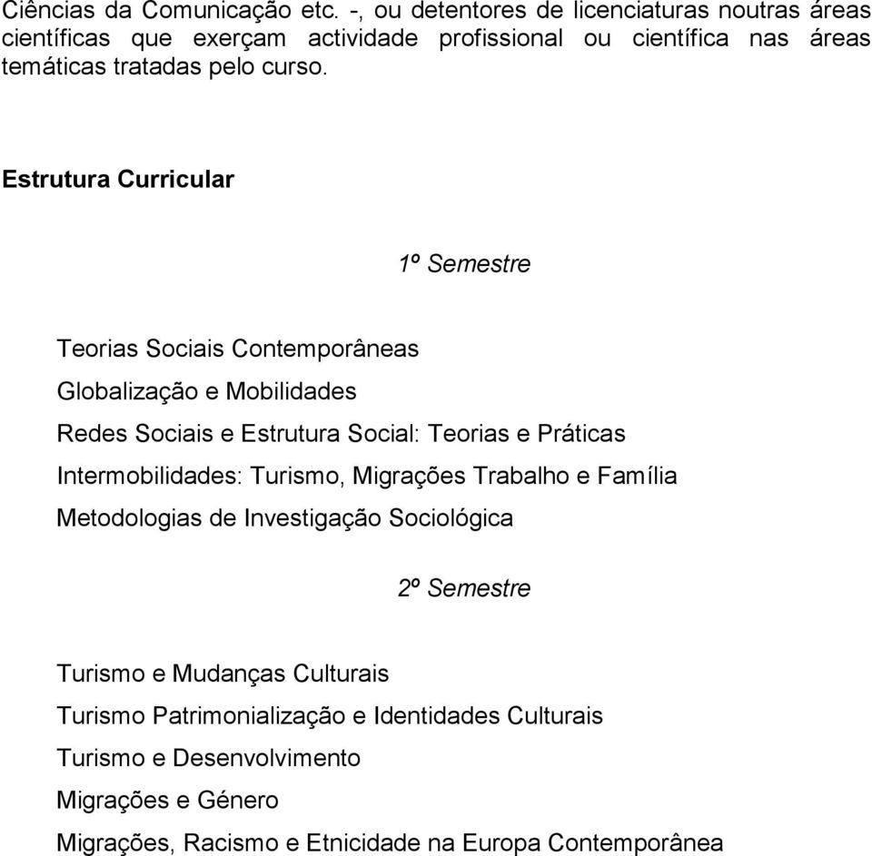 Estrutura Curricular 1º Semestre Teorias Sociais Contemporâneas Globalização e Mobilidades Redes Sociais e Estrutura Social: Teorias e Práticas