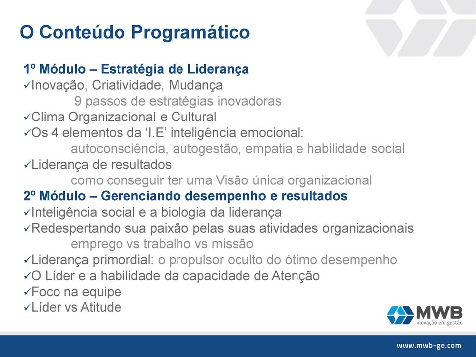 E inteligência emocional: autoconsciência, autogestão, empatia e habilidade social Liderança de resultados como conseguir ter uma Visão única organizacional 2º