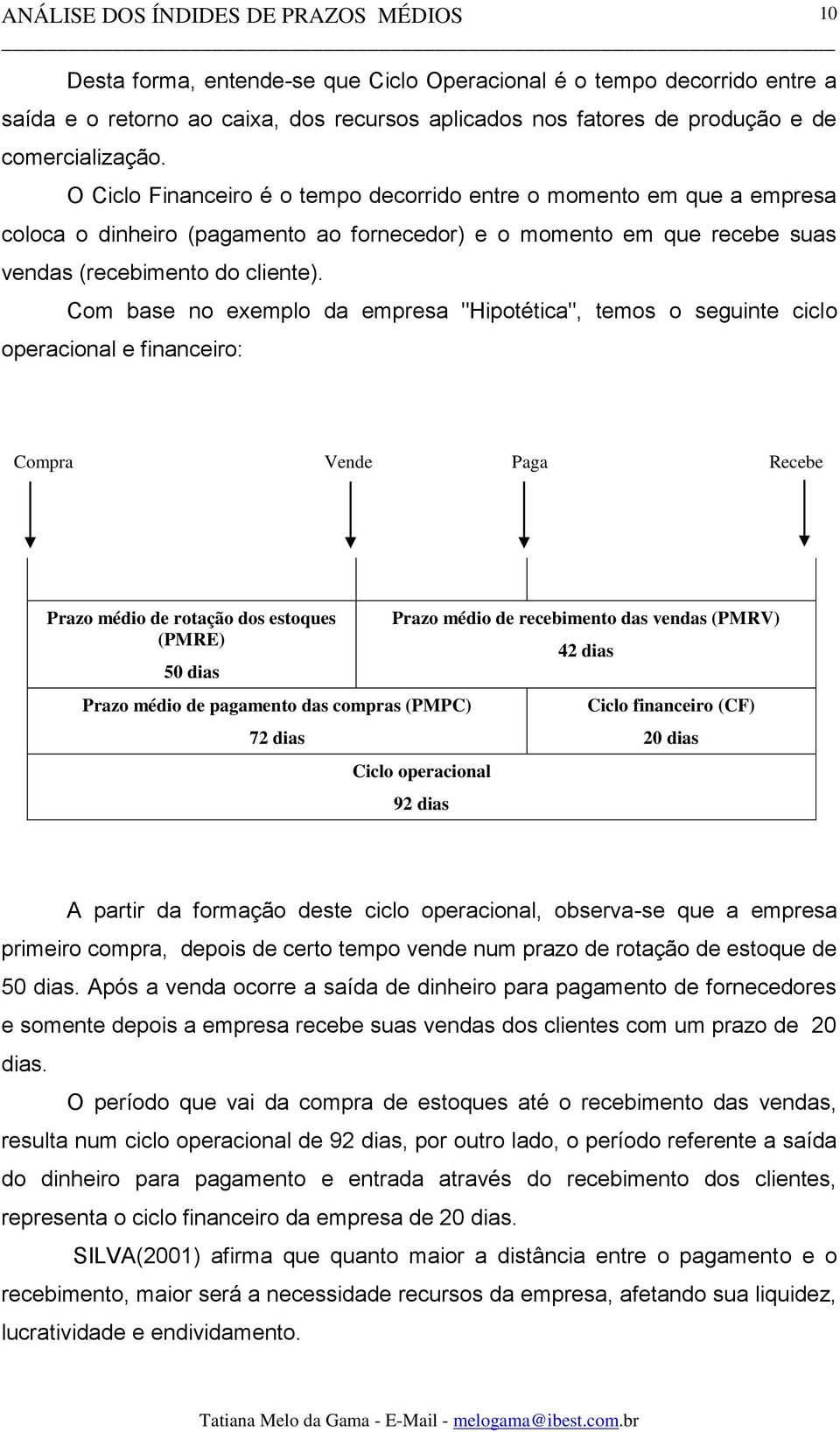 Com base no exemplo da empresa "Hipotética", temos o seguinte ciclo operacional e financeiro: Compra Vende Paga Recebe Prazo médio de rotação dos estoques (PMRE) 50 dias Prazo médio de pagamento das