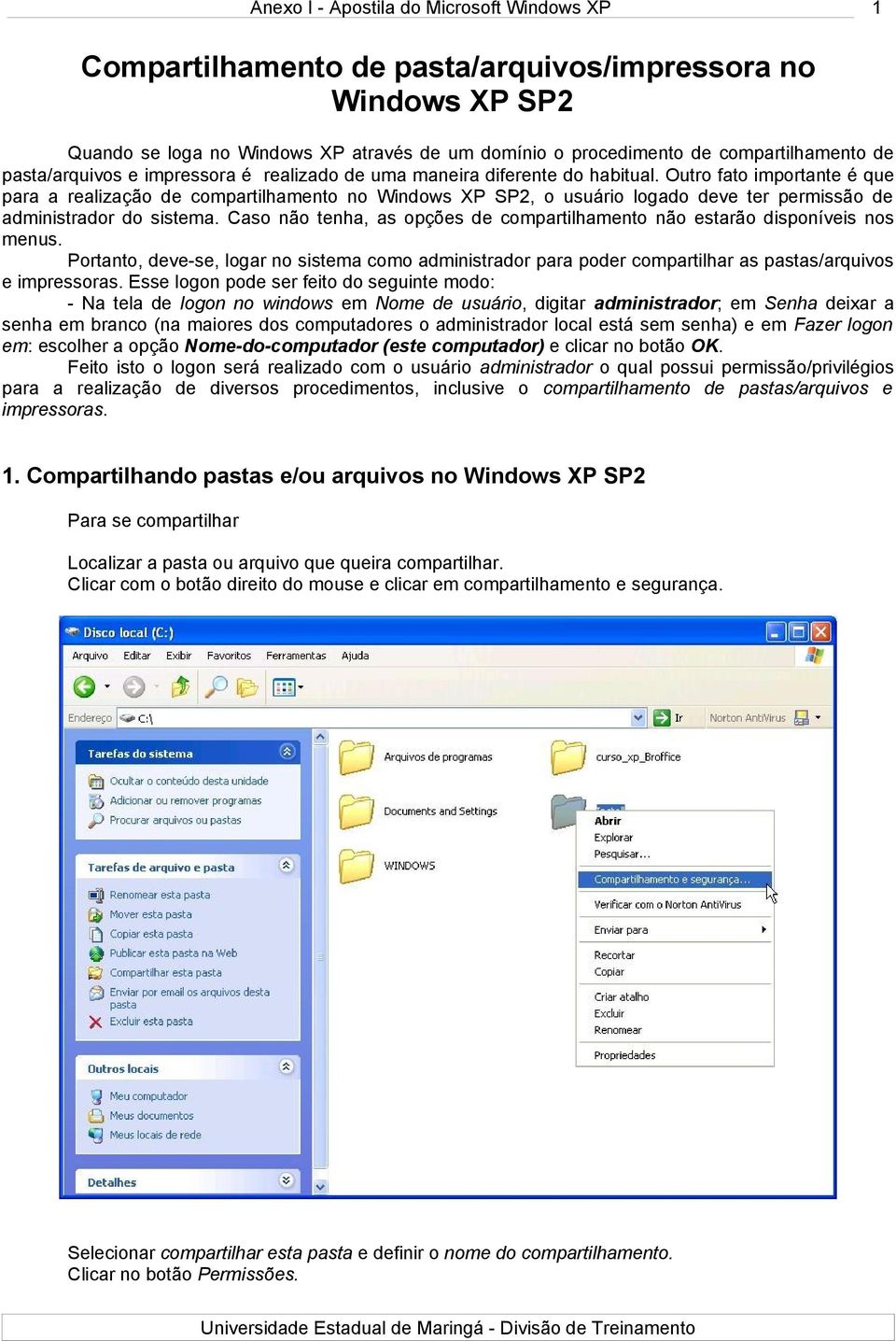 Caso não tenha, as opções de compartilhamento não estarão disponíveis nos menus. Portanto, deve-se, logar no sistema como administrador para poder compartilhar as pastas/arquivos e impressoras.