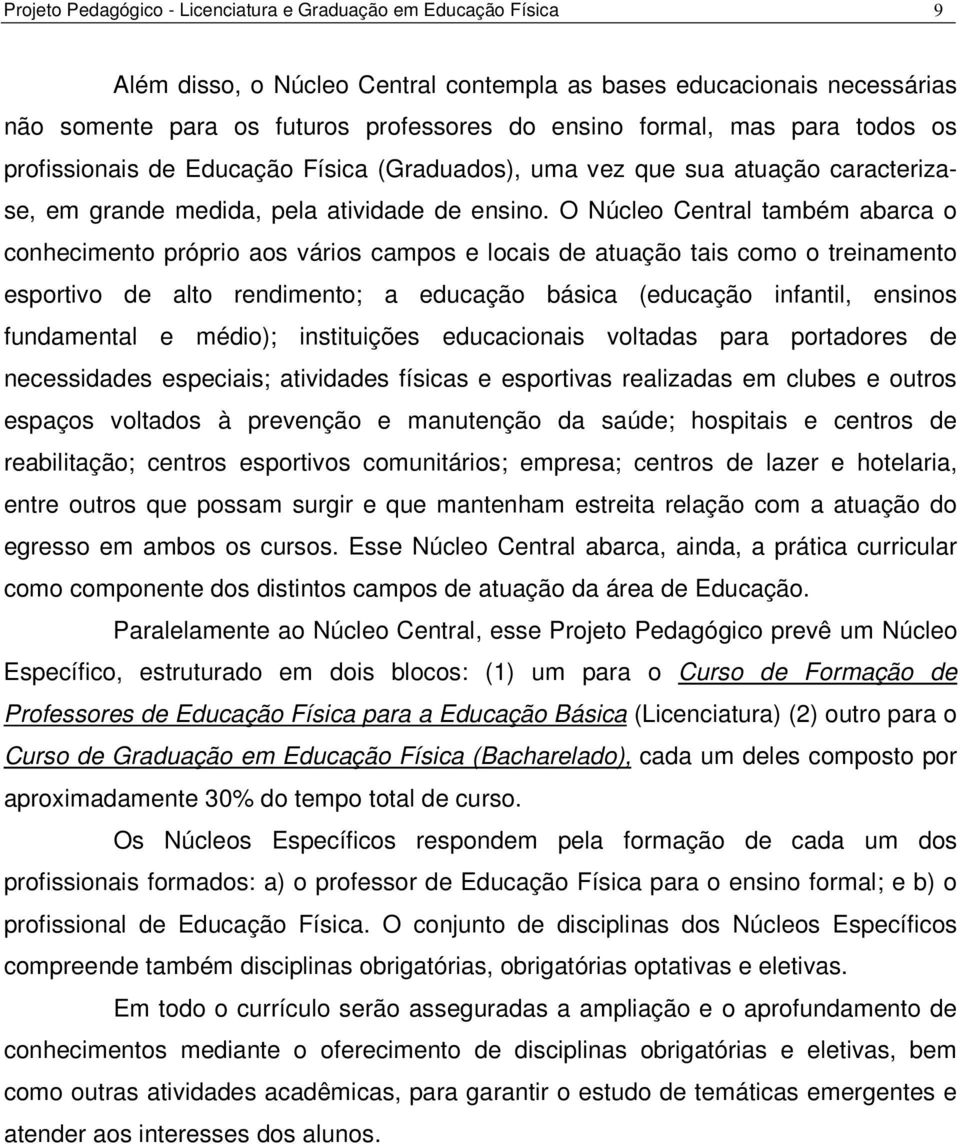 O Núcleo Central também abarca o conhecimento próprio aos vários campos e locais de atuação tais como o treinamento esportivo de alto rendimento; a educação básica (educação infantil, ensinos