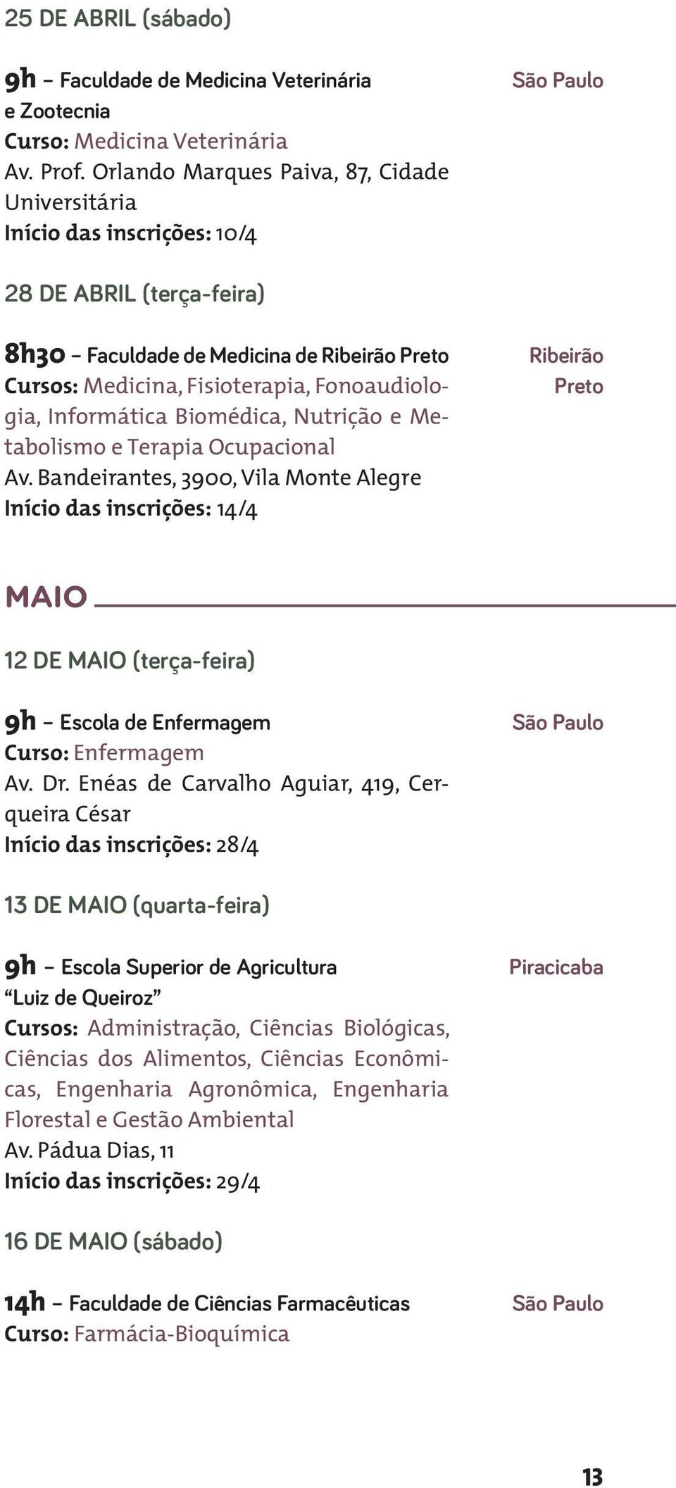 Biomédica, Nutrição e Metabolismo e Terapia Ocupacional Av.