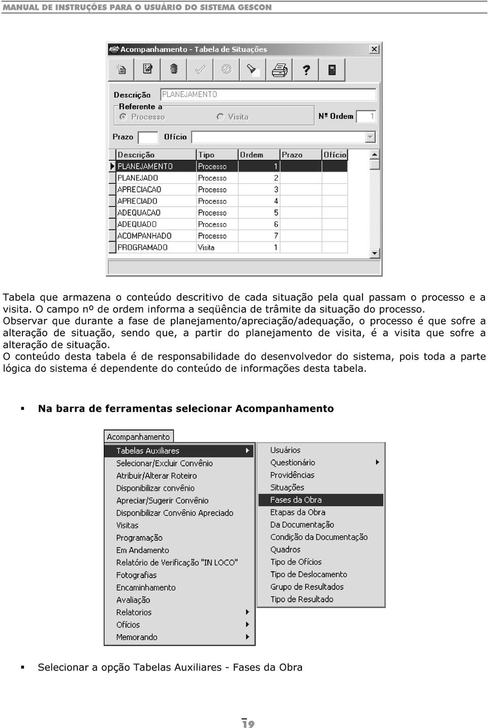 Observar que durante a fase de planejamento/apreciação/adequação, o processo é que sofre a alteração de situação, sendo que, a partir do planejamento de visita, é