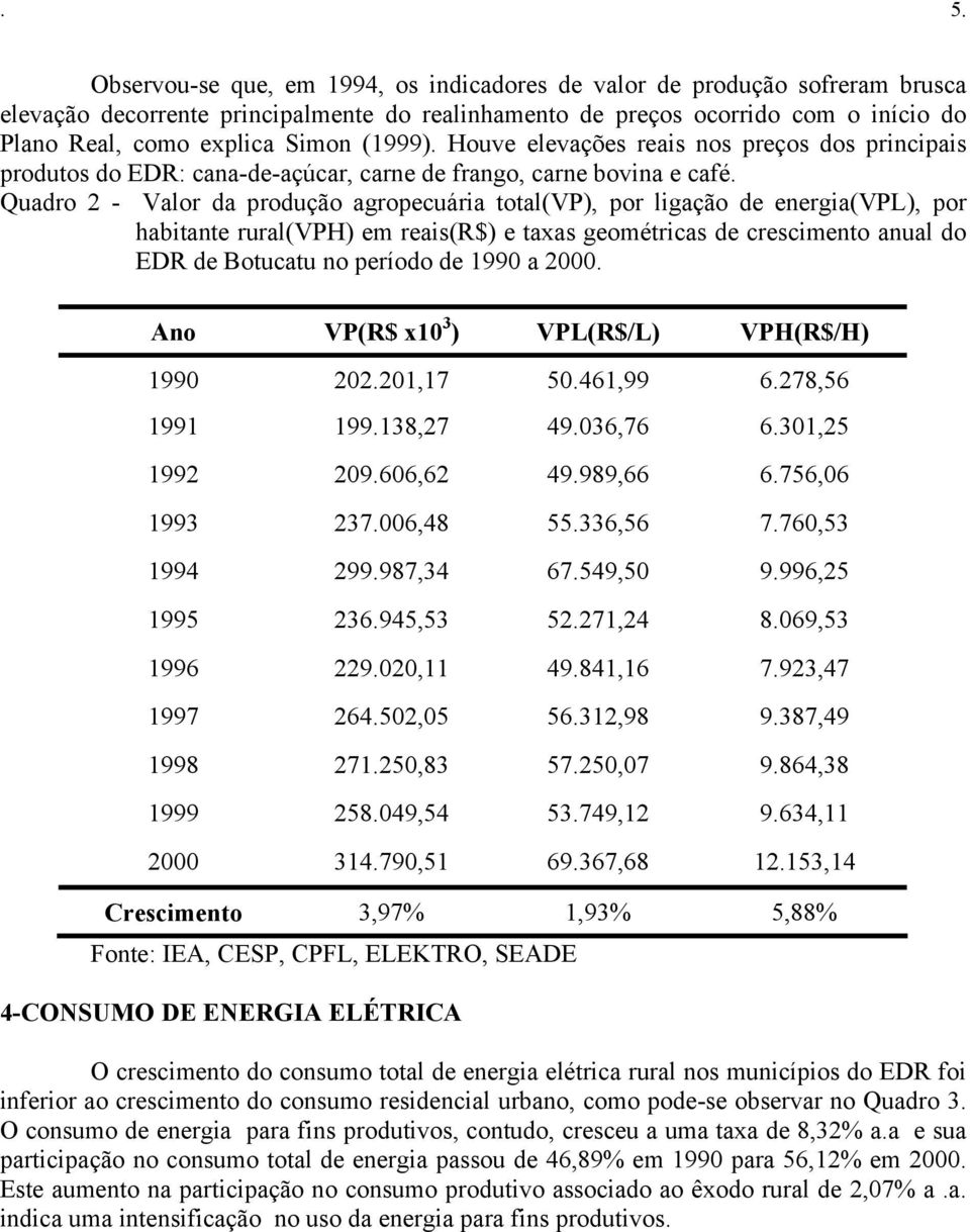 Quadro 2 - Valor da produção agropecuária total(vp), por ligação de energia(vpl), por habitante rural(vph) em reais(r$) e taxas geométricas de crescimento anual do EDR de Botucatu no período de 1990