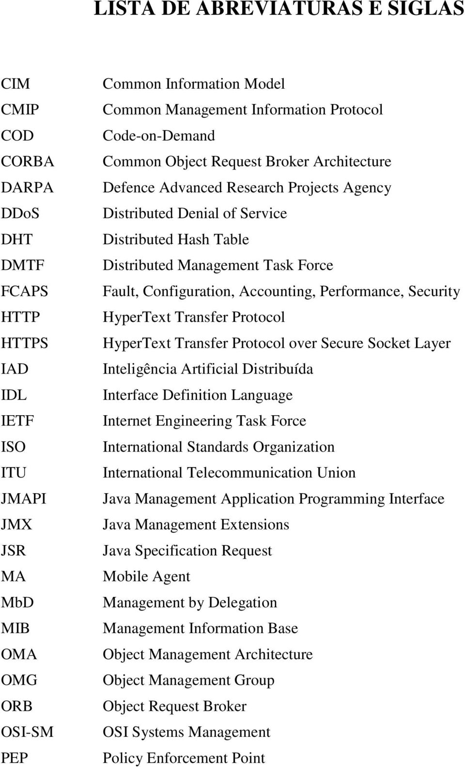 Task Force Fault, Configuration, Accounting, Performance, Security HyperText Transfer Protocol HyperText Transfer Protocol over Secure Socket Layer Inteligência Artificial Distribuída Interface