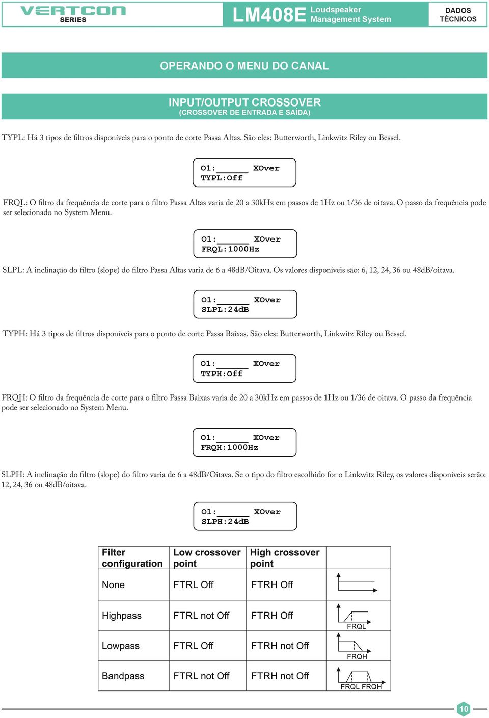 O passo da frequência pode ser selecionado no System Menu. O1: XOver FRQL:1000Hz SLPL: A inclinação do filtro (slope) do filtro Passa Altas varia de 6 a 48dB/Oitava.