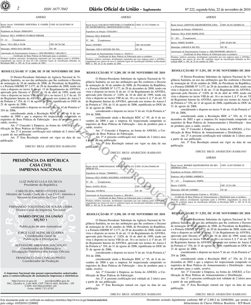 de Fabricação para os produtos: Produtos médicos nacionais, devidamente registrados por esta empresa junto à ANVISA, enquadrados nas classes de risco II e III, conforme regras de classificação