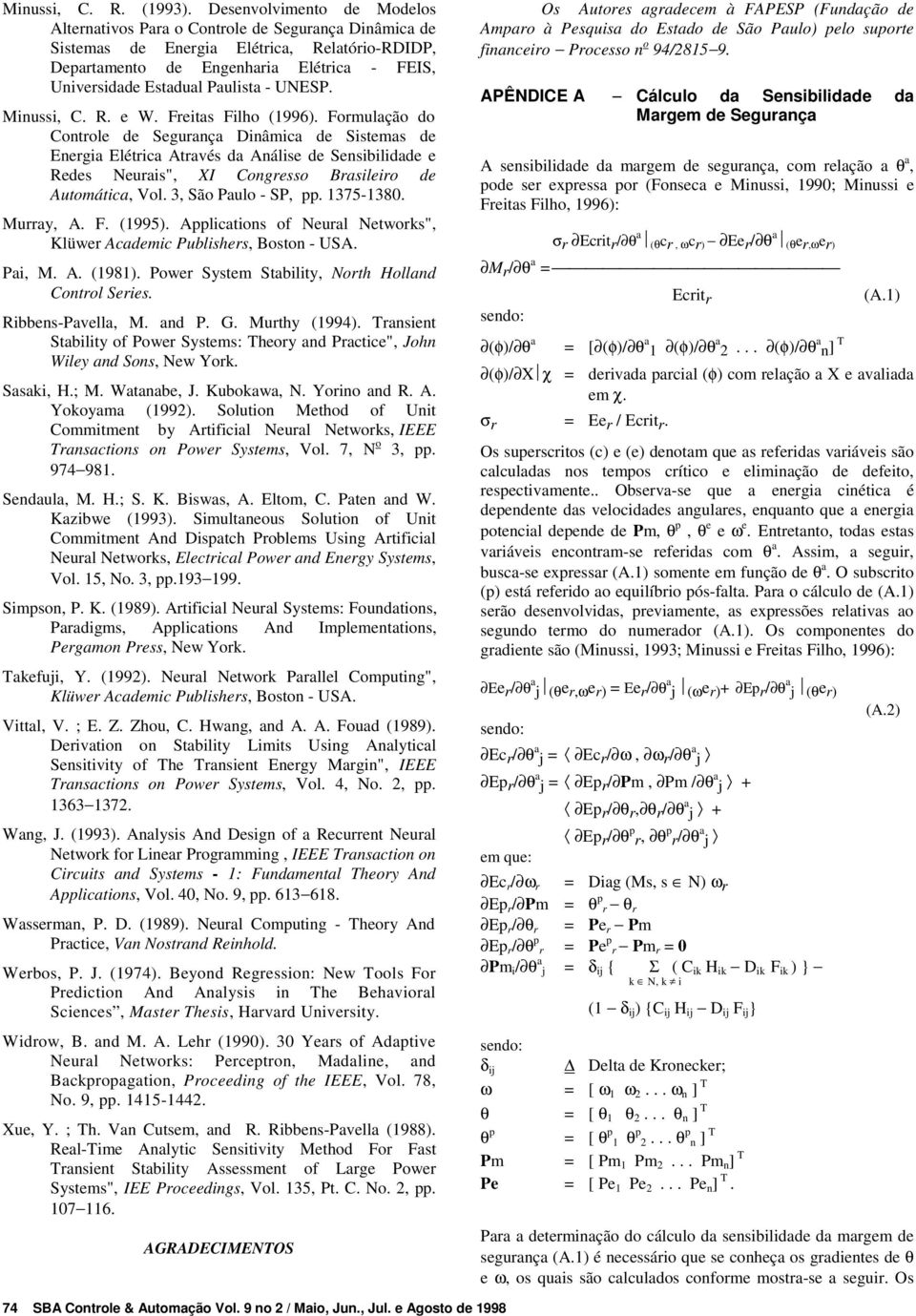 Paulista - UNESP. Minussi, C. R. e W. Freitas Filho (1996).