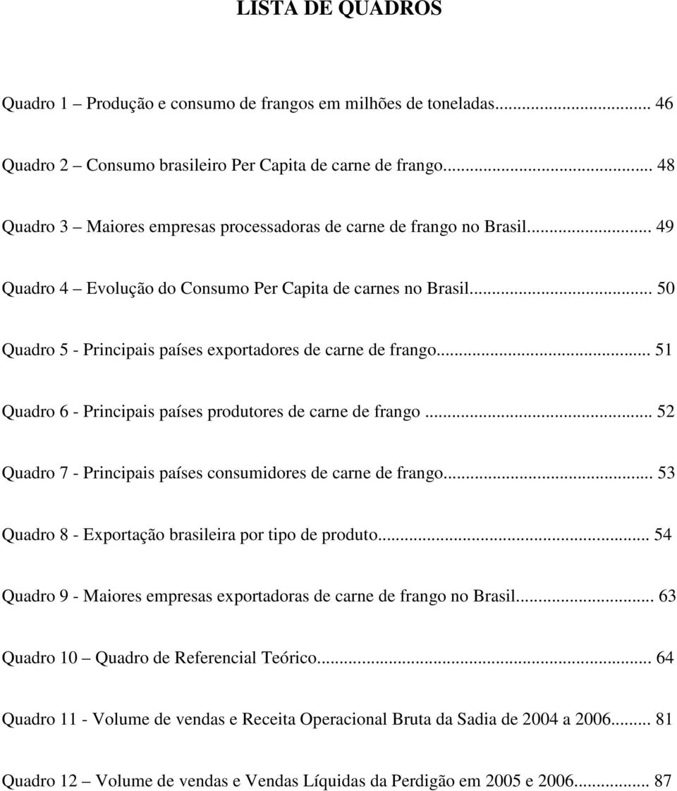 .. 50 Quadro 5 - Principais países exportadores de carne de frango... 51 Quadro 6 - Principais países produtores de carne de frango... 52 Quadro 7 - Principais países consumidores de carne de frango.