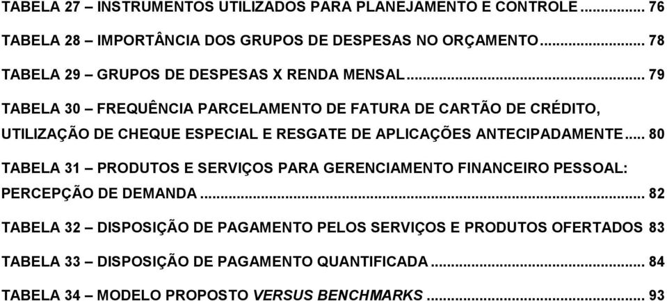 .. 79 TABELA 30 FREQUÊNCIA PARCELAMENTO DE FATURA DE CARTÃO DE CRÉDITO, UTILIZAÇÃO DE CHEQUE ESPECIAL E RESGATE DE APLICAÇÕES ANTECIPADAMENTE.