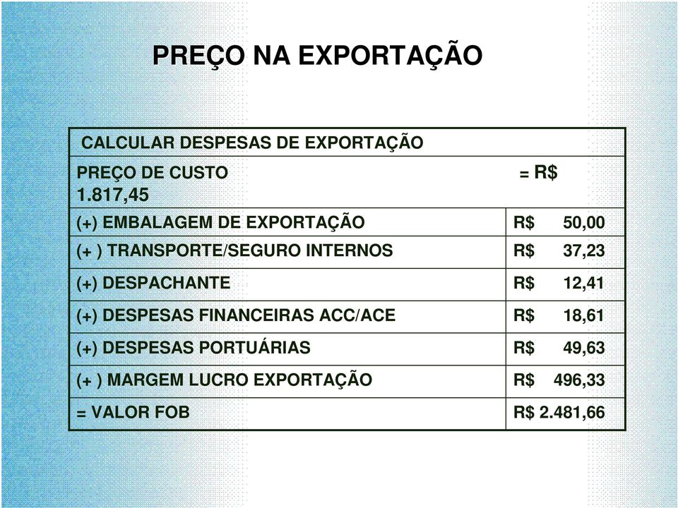 37,23 (+) DESPACHANTE (+) DESPESAS FINANCEIRAS ACC/ACE (+) DESPESAS PORTUÁRIAS