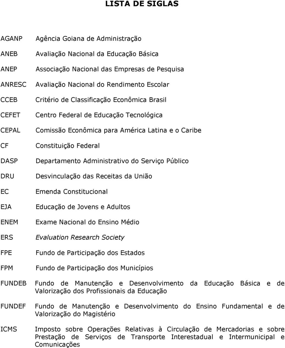 Federal Departamento Administrativo do Serviço Público Desvinculação das Receitas da União Emenda Constitucional Educação de Jovens e Adultos Exame Nacional do Ensino Médio Evaluation Research