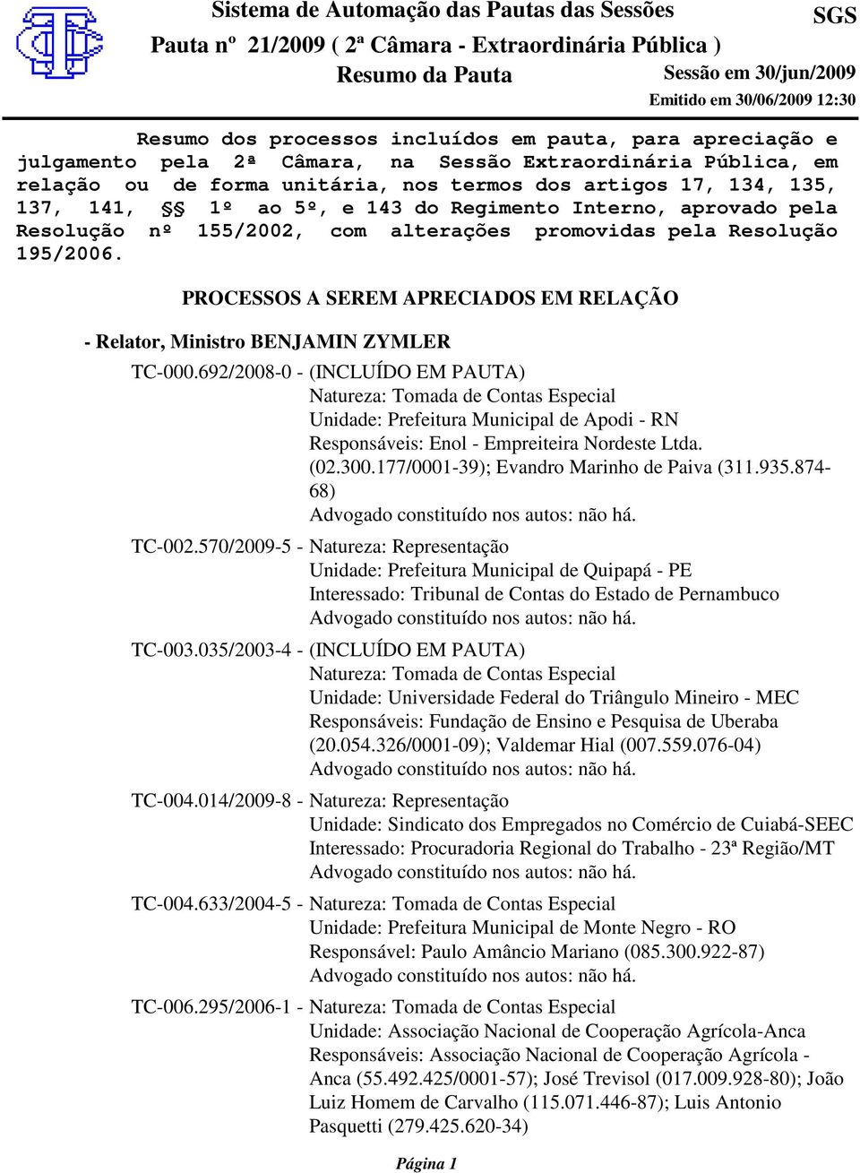 PROCESSOS A SEREM APRECIADOS EM RELAÇÃO - Relator, Ministro BENJAMIN ZYMLER TC-000.