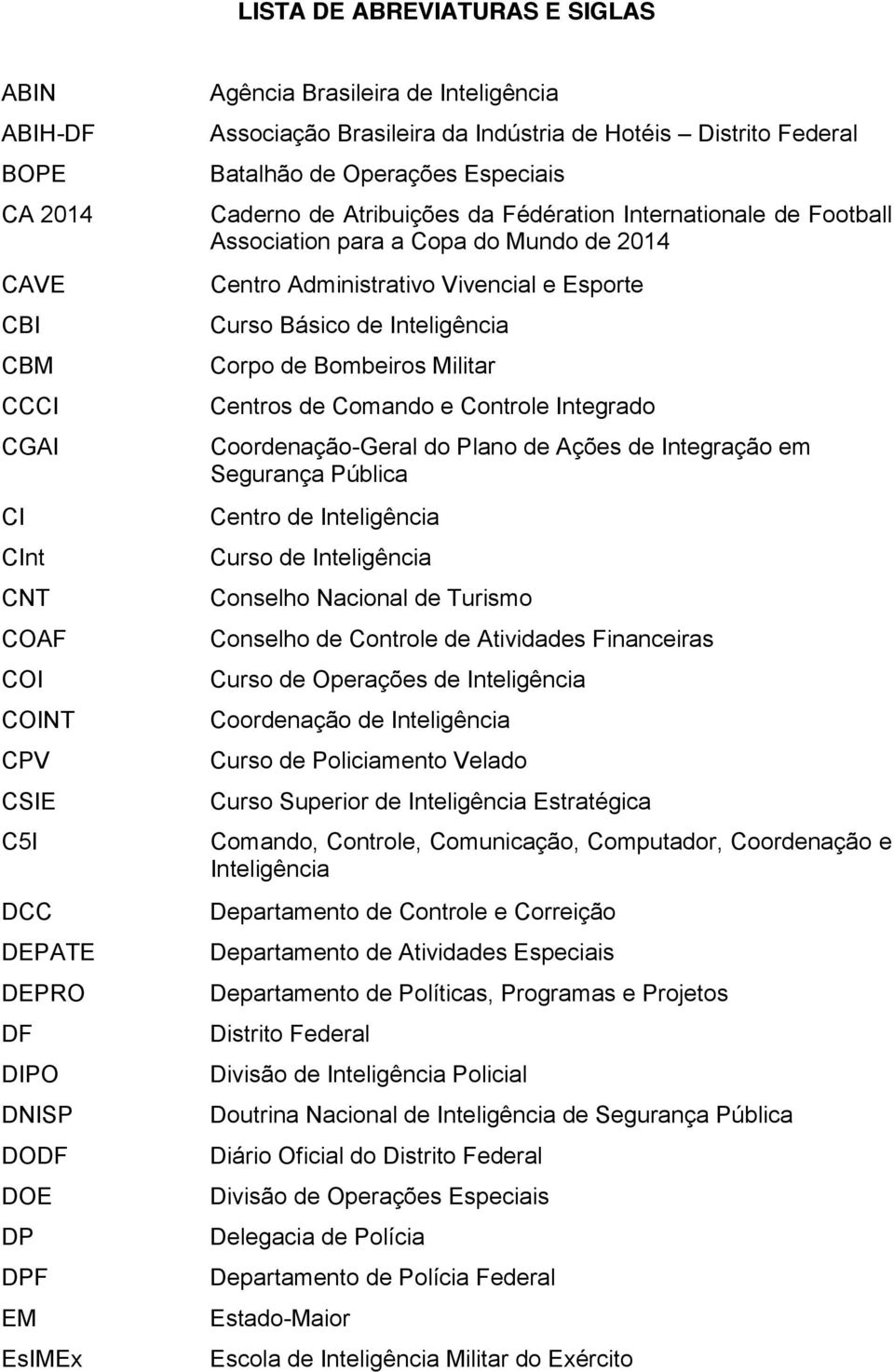 Mundo de 2014 Centro Administrativo Vivencial e Esporte Curso Básico de Inteligência Corpo de Bombeiros Militar Centros de Comando e Controle Integrado Coordenação-Geral do Plano de Ações de