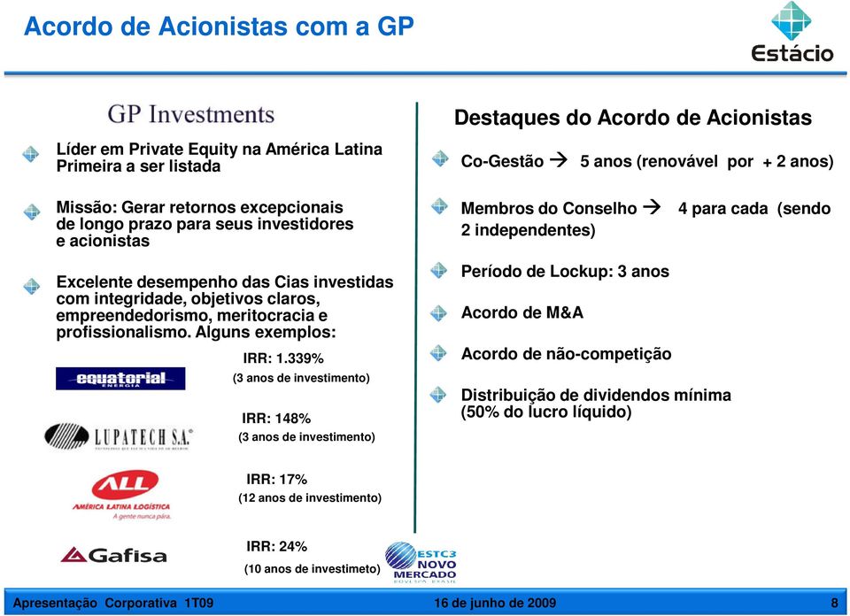 339% (3 anos de investimento) IRR: 148% (3 anos de investimento) Destaques do Acordo de Acionistas Co-Gestão 5 anos (renovável por + 2 anos) Membros do Conselho 4 para cada (sendo 2