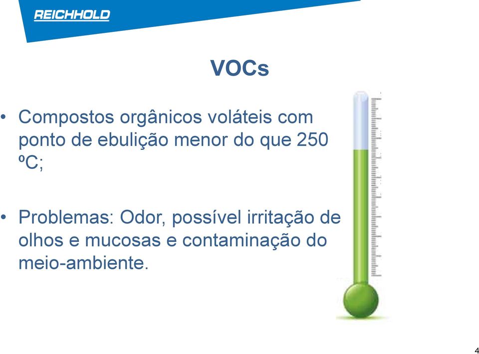 Problemas: Odor, possível irritação de