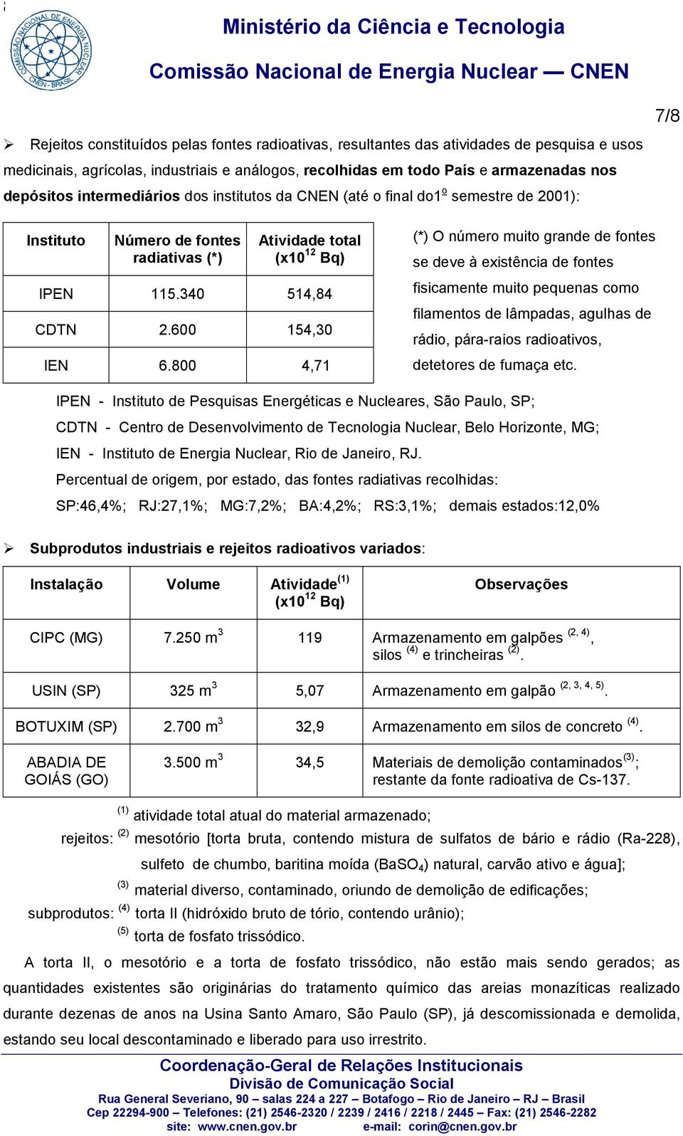 800 4,71 (*) O número muito grande de fontes se deve à existência de fontes fisicamente muito pequenas como filamentos de lâmpadas, agulhas de rádio, pára-raios radioativos, detetores de fumaça etc.