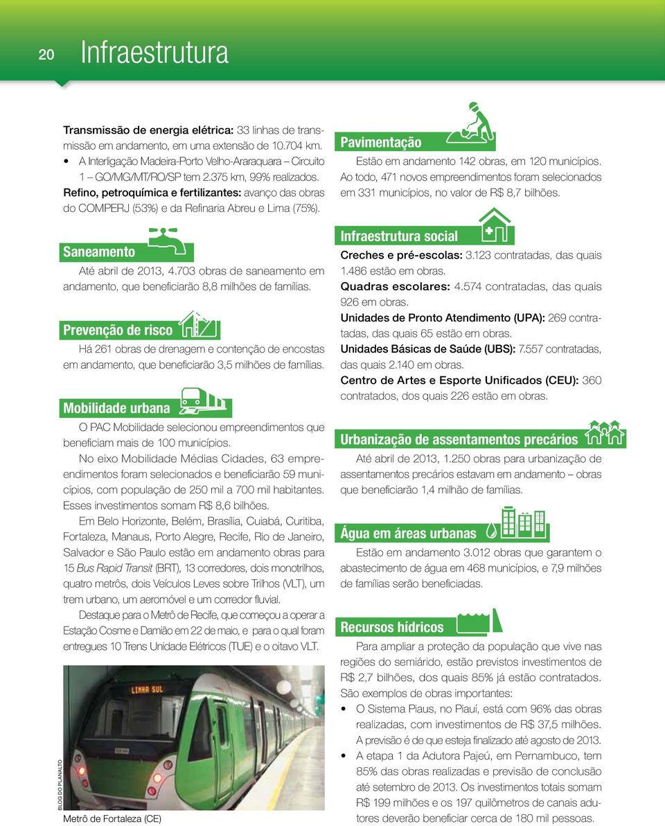 Refino, petroquímica e fertilizantes: avanço das obras do COMPERJ (53%) e da Refinaria Abreu e Lima (75%). Saneamento Até abril de 2013, 4.