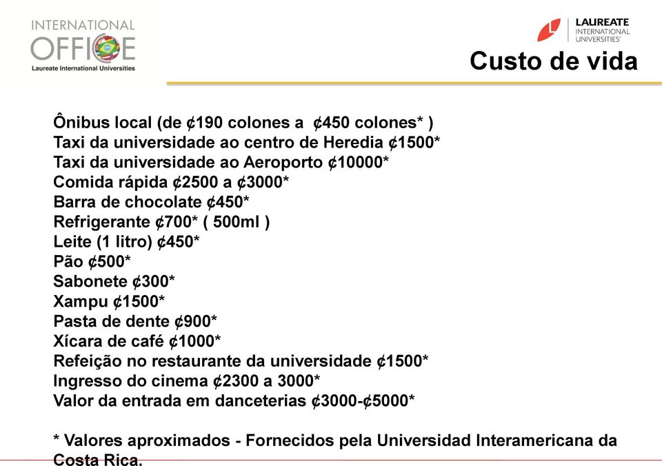 Sabonete 300* Xampu 1500* Pasta de dente 900* Xícara de café 1000* Refeição no restaurante da universidade 1500* Ingresso do cinema