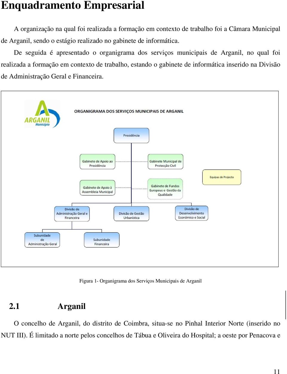 De seguida é apresentado o organigrama dos serviços municipais de Arganil, no qual foi realizada a formação em contexto de trabalho, estando o gabinete de informática