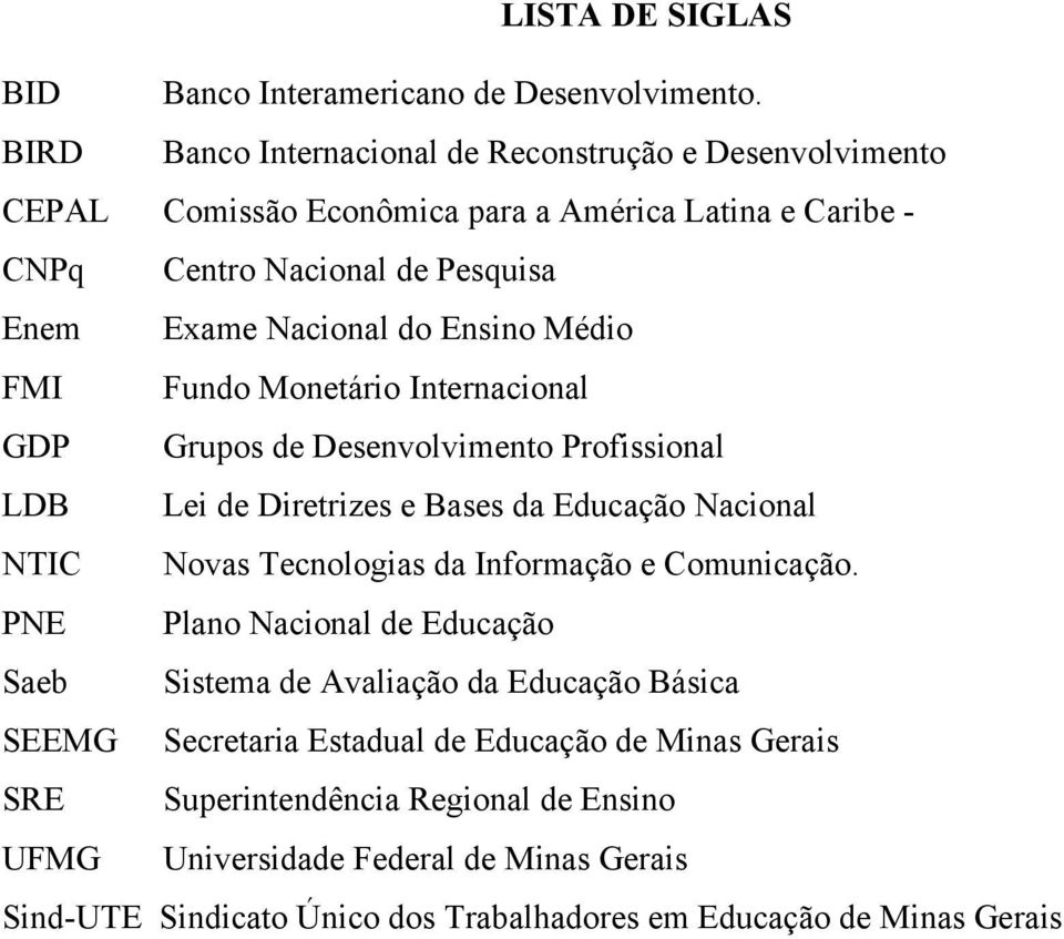 Ensino Médio FMI Fundo Monetário Internacional GDP Grupos de Desenvolvimento Profissional LDB Lei de Diretrizes e Bases da Educação Nacional NTIC Novas Tecnologias da Informação