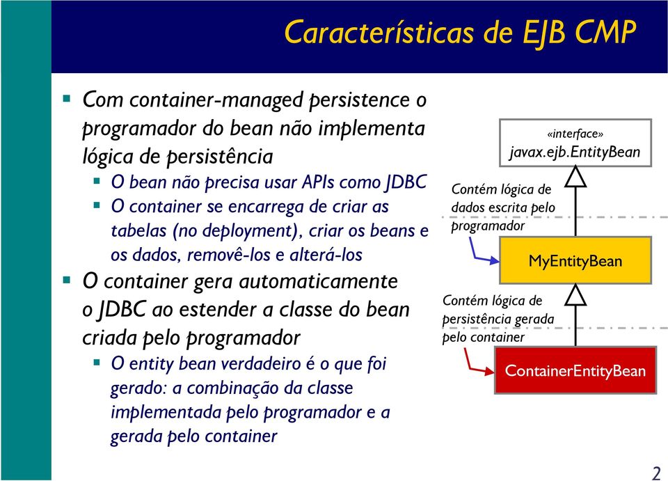 classe do bean criada pelo programador O entity bean verdadeiro é o que foi gerado: a combinação da classe implementada pelo programador e a gerada pelo container