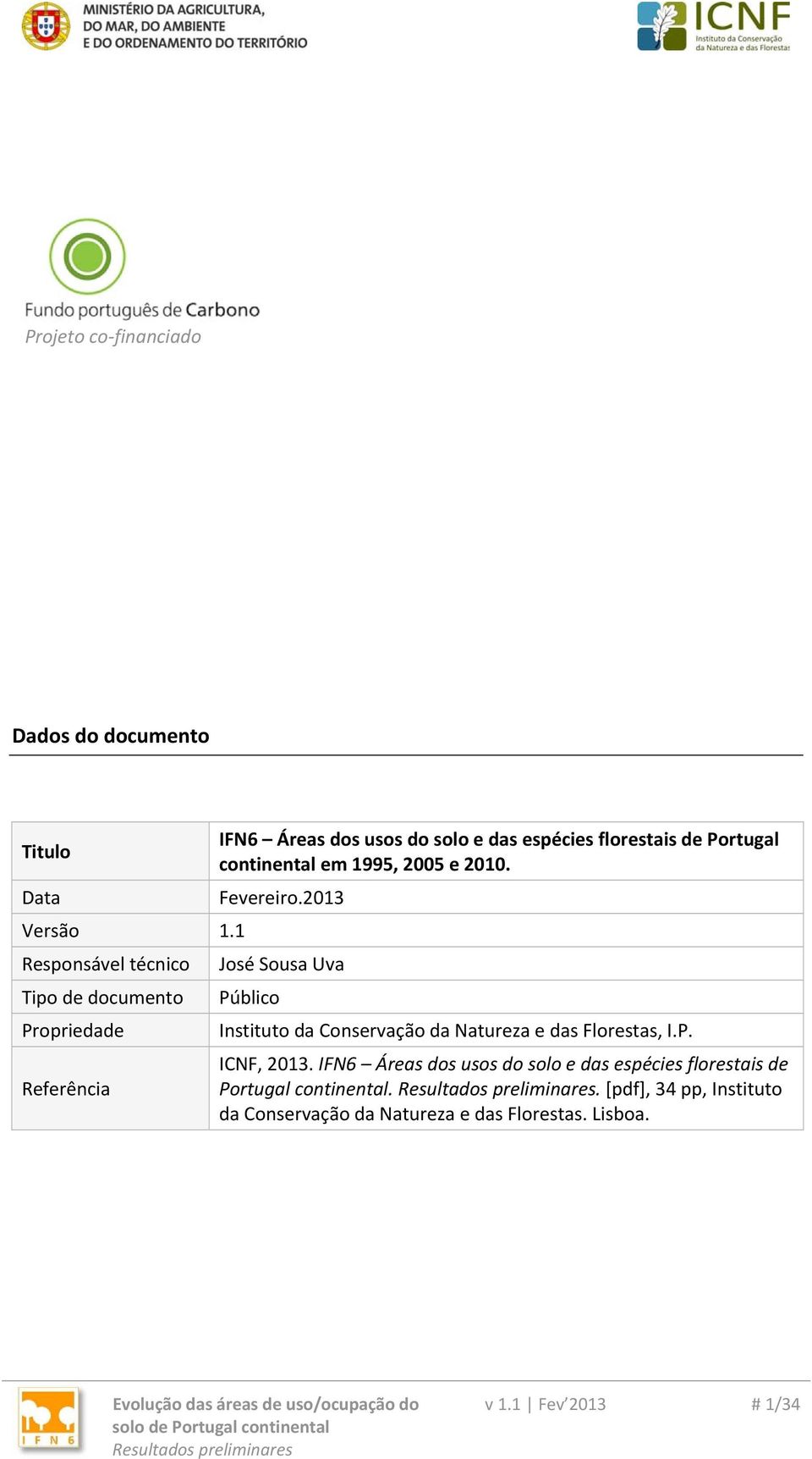 1995, 2005 e 2010. Fevereiro.2013 José Sousa Uva Público Instituto da Conservação da Natureza e das Florestas, I.P. ICNF, 2013.