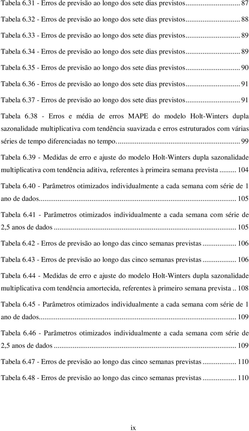 .. 90 Tabela 6.36 - Erros de previsão ao longo dos sete dias previstos... 91 Tabela 6.