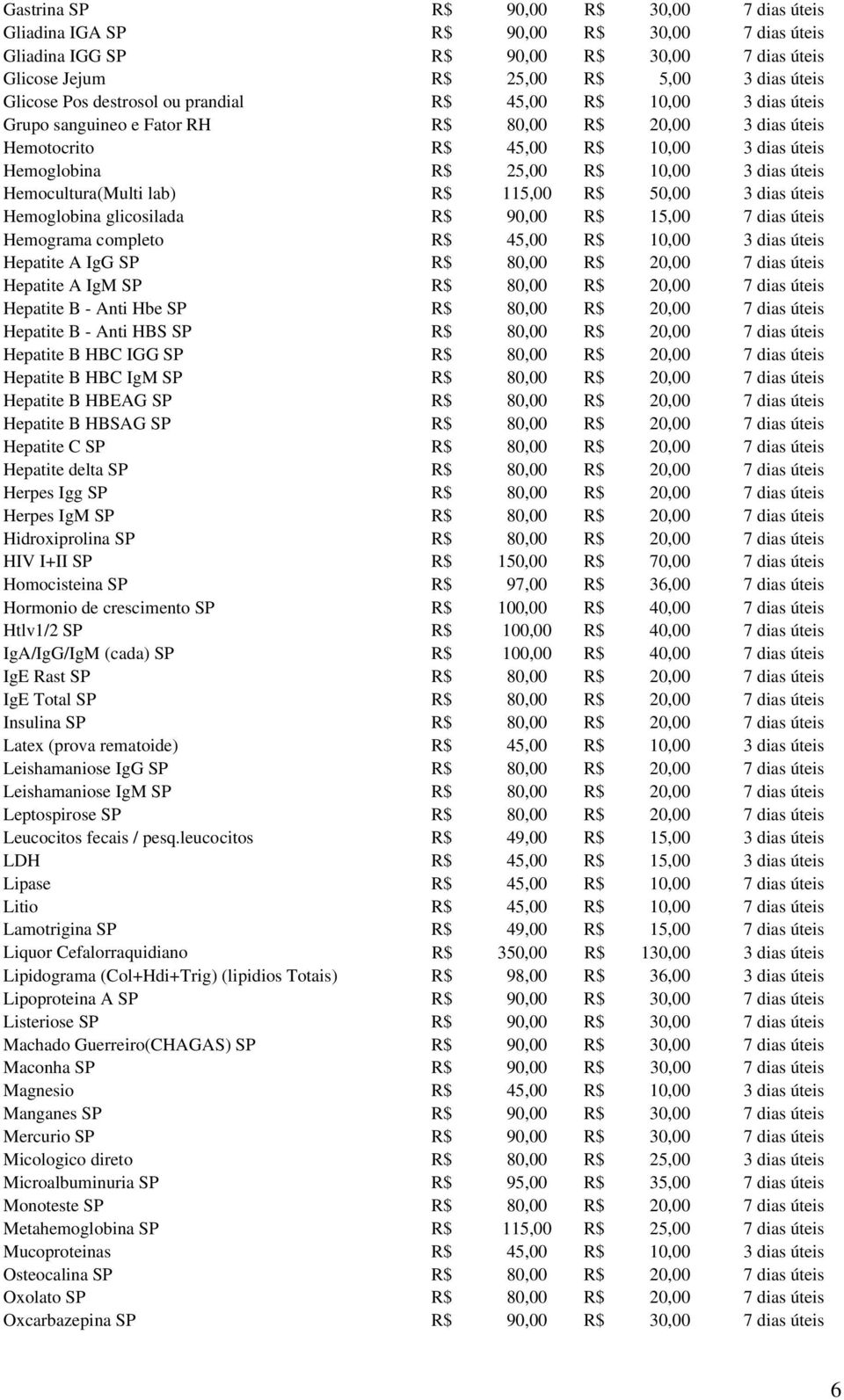 Hemocultura(Multi lab) R$ 115,00 R$ 50,00 3 dias úteis Hemoglobina glicosilada R$ 90,00 R$ 15,00 7 dias úteis Hemograma completo R$ 45,00 R$ 10,00 3 dias úteis Hepatite A IgG SP R$ 80,00 R$ 20,00 7