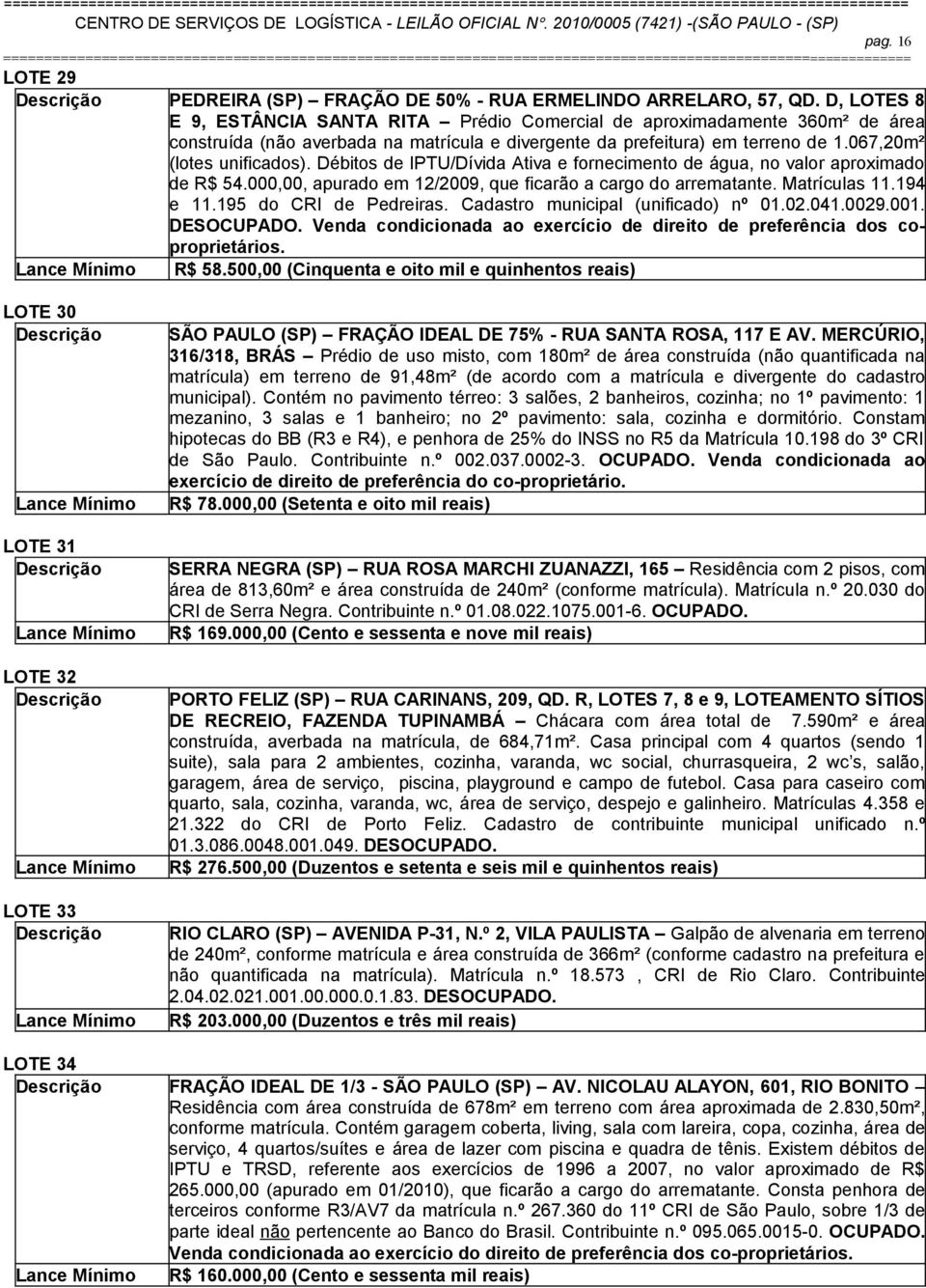 Débitos de IPTU/Dívida Ativa e fornecimento de água, no valor aproximado de R$ 54.000,00, apurado em 12/2009, que ficarão a cargo do arrematante. Matrículas 11.194 e 11.195 do CRI de Pedreiras.