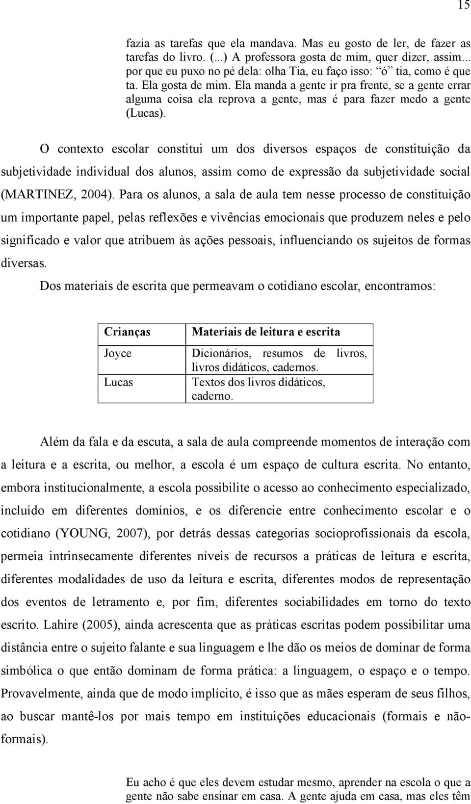 Ela manda a gente ir pra frente, se a gente errar alguma coisa ela reprova a gente, mas é para fazer medo a gente (Lucas).