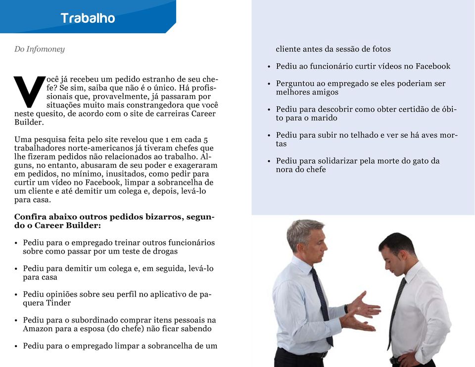 Uma pesquisa feita pelo site revelou que 1 em cada 5 trabalhadores norte-americanos já tiveram chefes que lhe fizeram pedidos não relacionados ao trabalho.