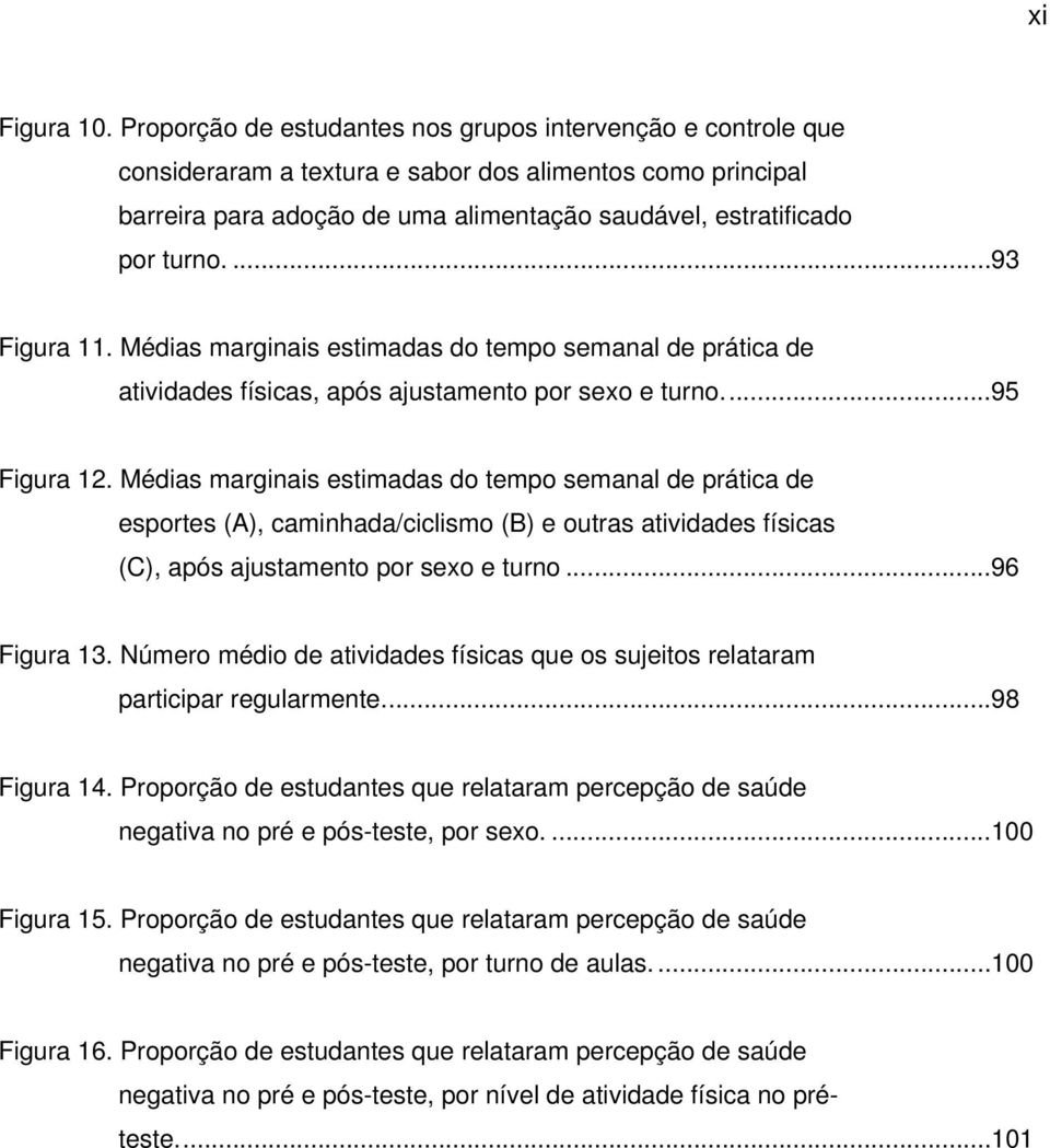 ...93 Figura 11. Médias marginais estimadas do tempo semanal de prática de atividades físicas, após ajustamento por sexo e turno...95 Figura 12.