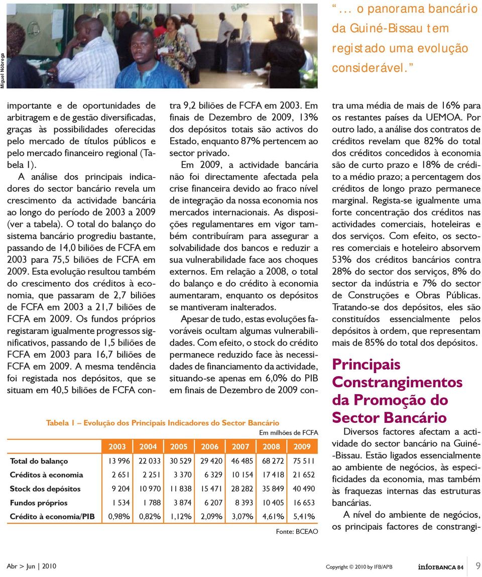 Crédito à economia/pib 0,98% 0,82% 1,12% 2,09% 3,07% 4,61% 5,41% Fonte: BCEAO... o panorama bancário da Guiné-Bissau tem registado uma evolução considerável.