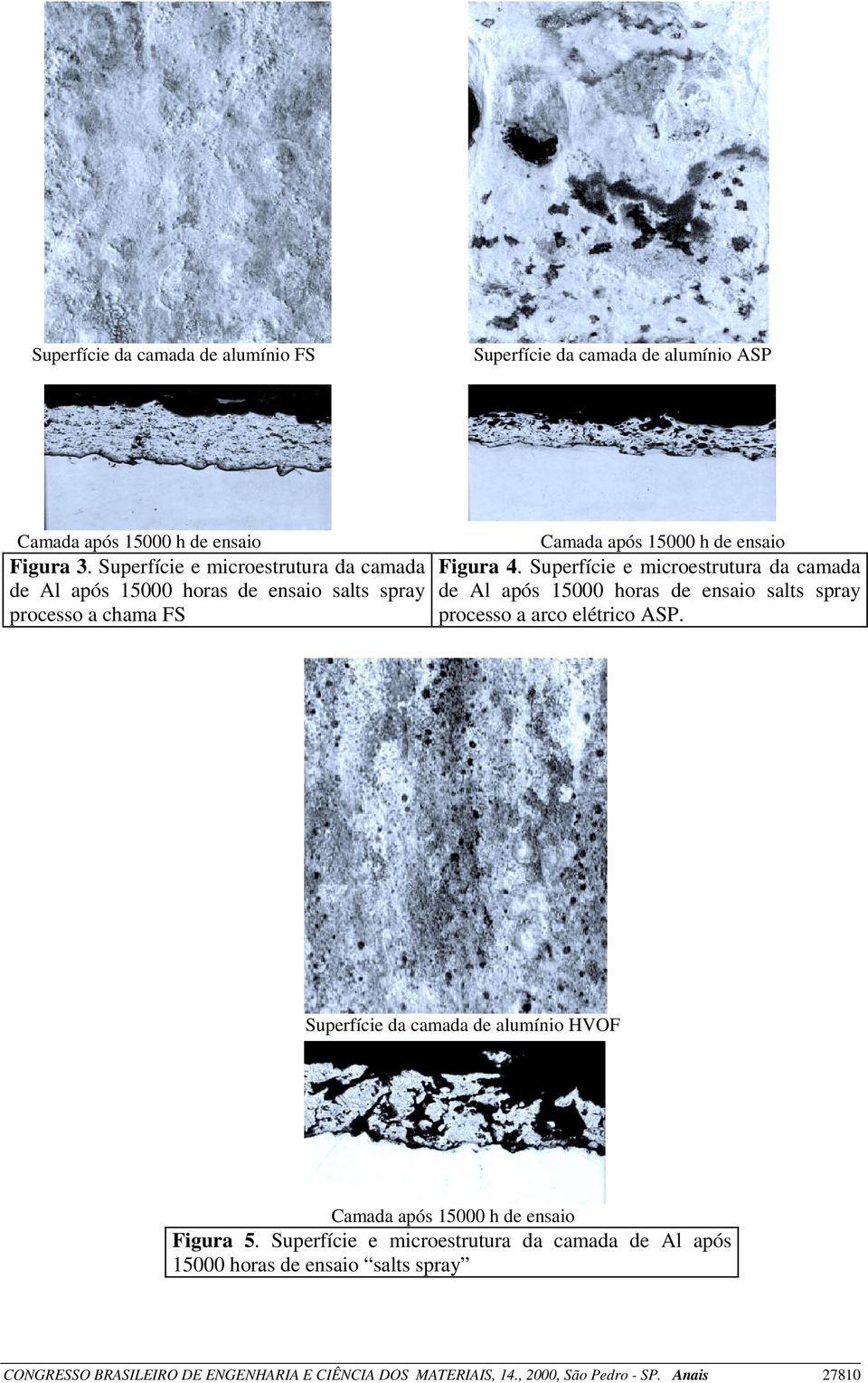 Superfície e microestrutura da camada de Al após 15000 horas de ensaio salts spray processo a arco elétrico ASP.
