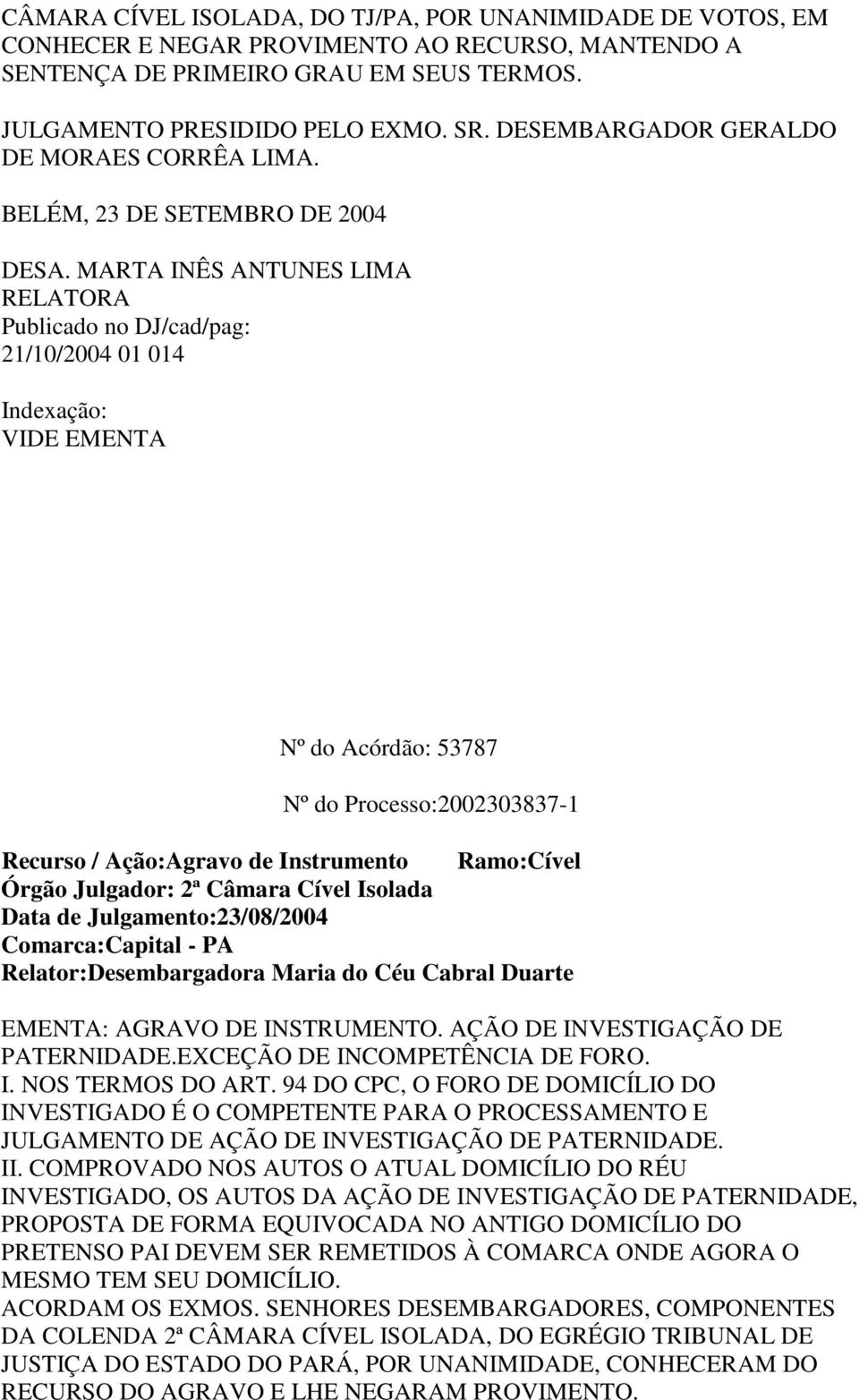 MARTA INÊS ANTUNES LIMA RELATORA 21/10/2004 01 014 Nº do Acórdão: 53787 Nº do Processo:2002303837-1 Recurso / Ação:Agravo de Instrumento Ramo:Cível Órgão Julgador: 2ª Câmara Cível Isolada Data de