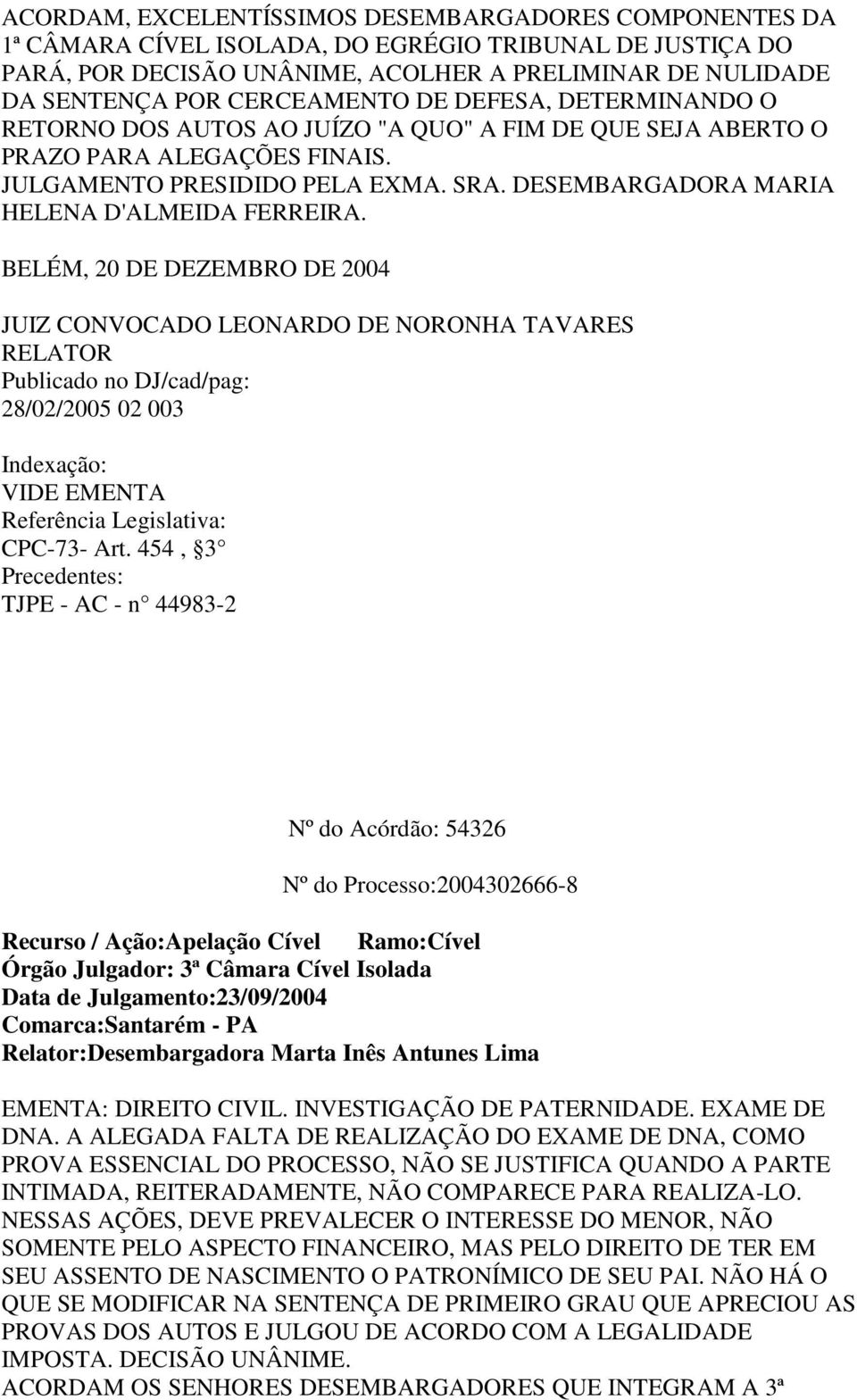 DESEMBARGADORA MARIA HELENA D'ALMEIDA FERREIRA. BELÉM, 20 DE DEZEMBRO DE 2004 JUIZ CONVOCADO LEONARDO DE NORONHA TAVARES RELATOR 28/02/2005 02 003 CPC-73- Art.