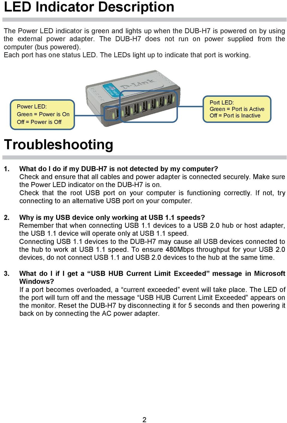 Power LED: Green = Power is On Off = Power is Off Port LED: Green = Port is Active Off = Port is Inactive Troubleshooting 1. What do I do if my is not detected by my computer?