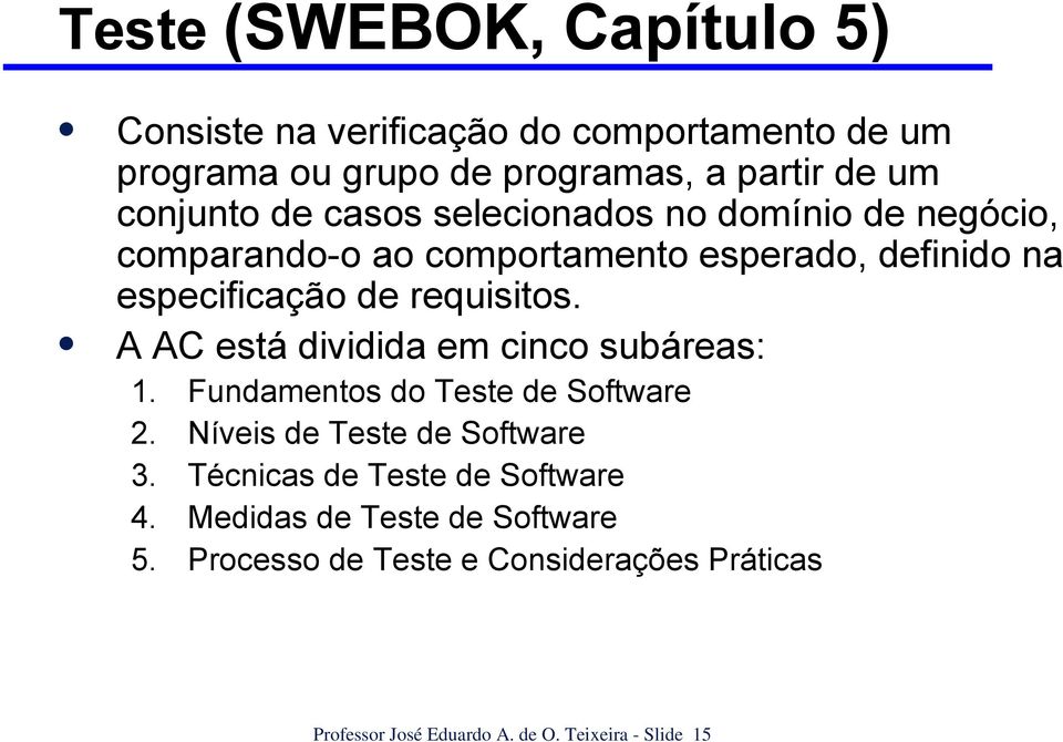 A AC está dividida em cinco subáreas: 1. Fundamentos do Teste de Software 2. Níveis de Teste de Software 3.