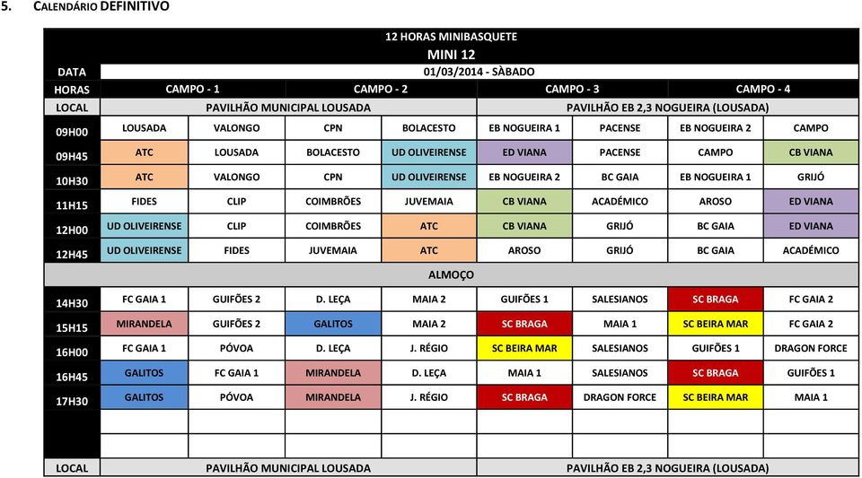 BC GAIA EB NOGUEIRA 1 GRIJÓ 11H15 FIDES CLIP COIMBRÕES JUVEMAIA CB VIANA ACADÉMICO AROSO ED VIANA 12H00 UD OLIVEIRENSE CLIP COIMBRÕES ATC CB VIANA GRIJÓ BC GAIA ED VIANA 12H45 UD OLIVEIRENSE FIDES