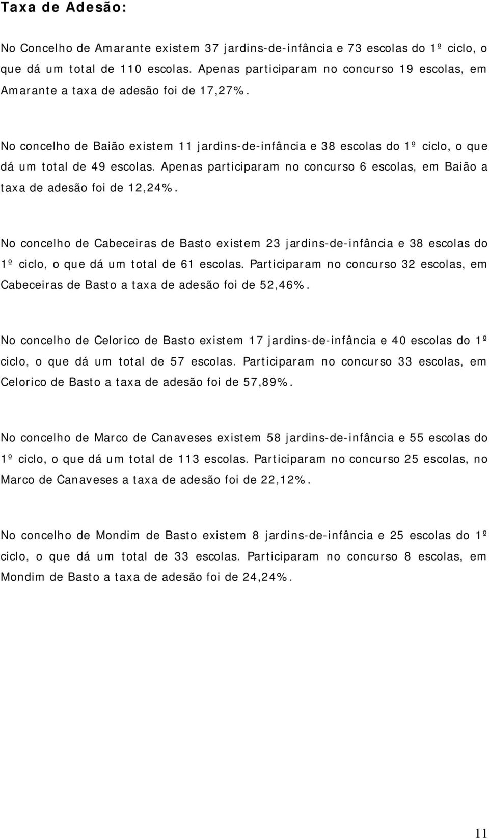 Apenas participaram no concurso 6 escolas, em Baião a taxa de adesão foi de 12,24%.