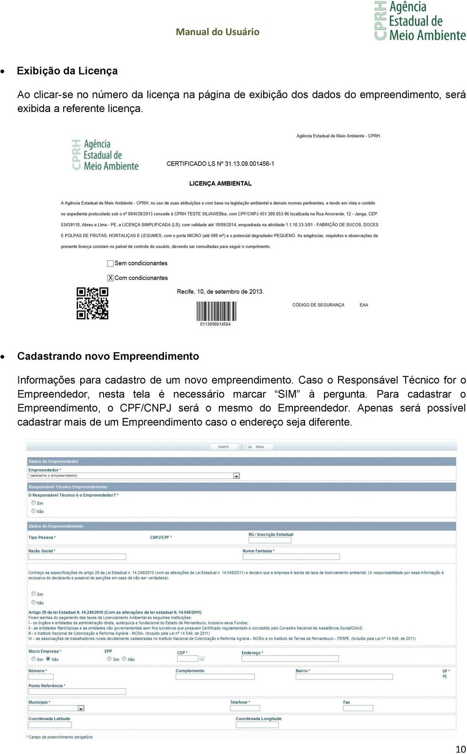 Caso o Responsável Técnico for o Empreendedor, nesta tela é necessário marcar SIM à pergunta.