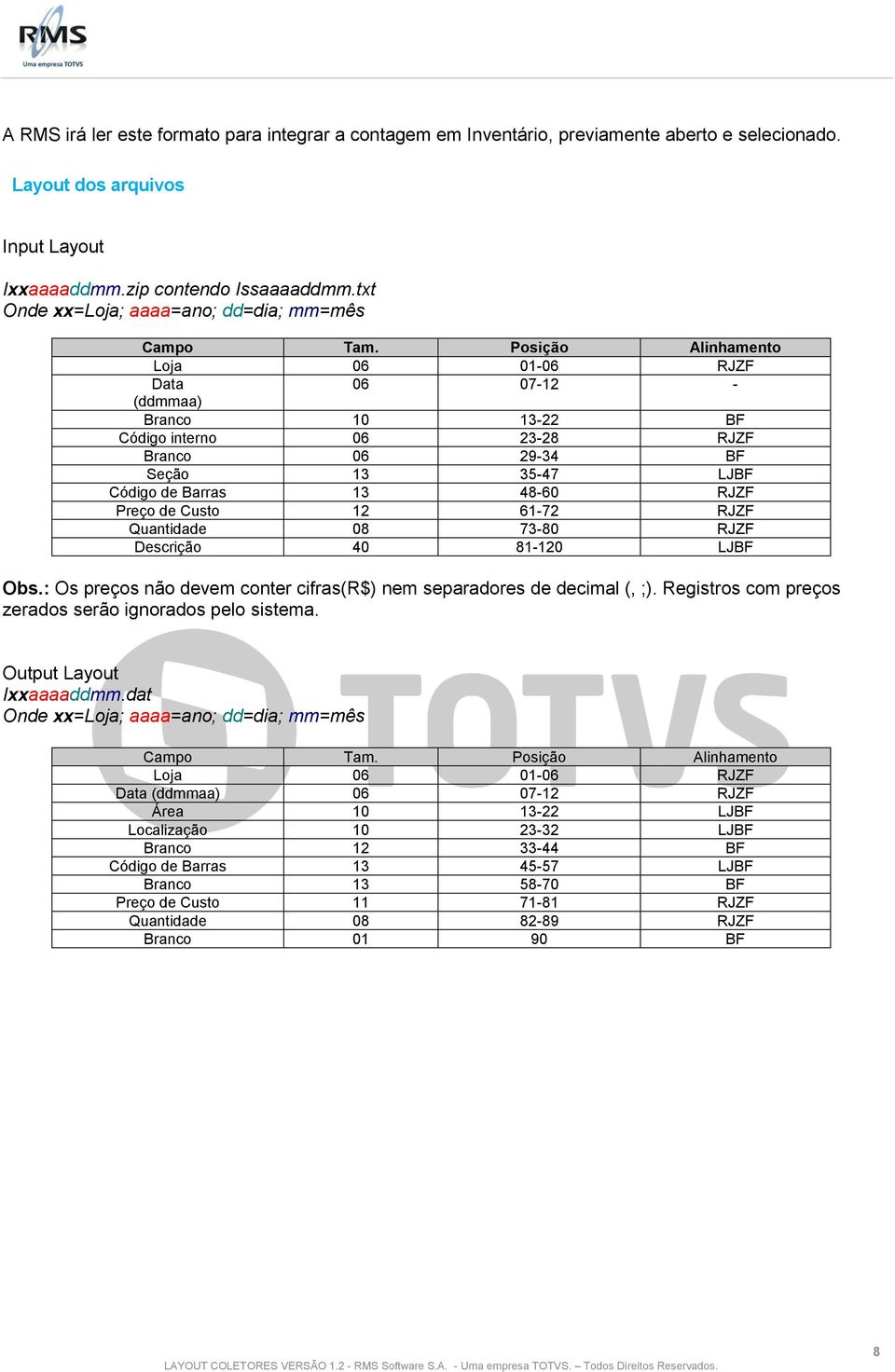 Posição Alinhamento Loja 06 01-06 RJZF Data 06 07-12 - (ddmmaa) Branco 10 13-22 BF Código interno 06 23-28 RJZF Branco 06 29-34 BF Seção 13 35-47 LJBF Código de Barras 13 48-60 RJZF Preço de Custo 12