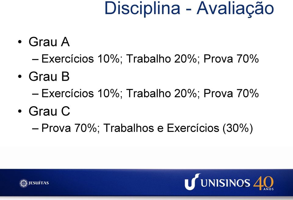 Exercícios 10%; Trabalho 20%; Prova 70%