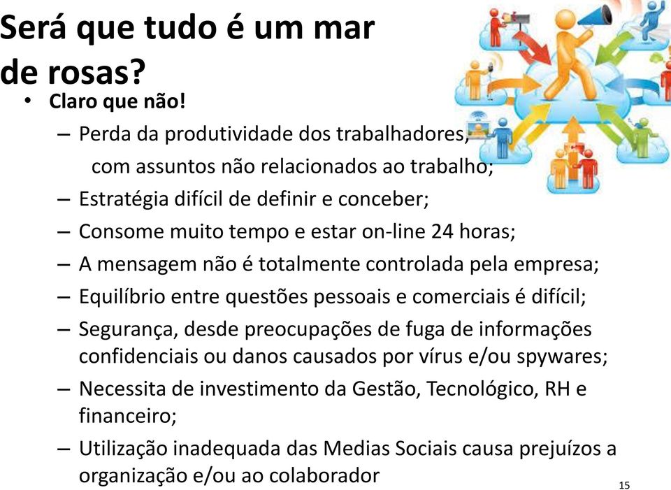 estar on-line 24 horas; A mensagem não é totalmente controlada pela empresa; Equilíbrio entre questões pessoais e comerciais é difícil; Segurança,